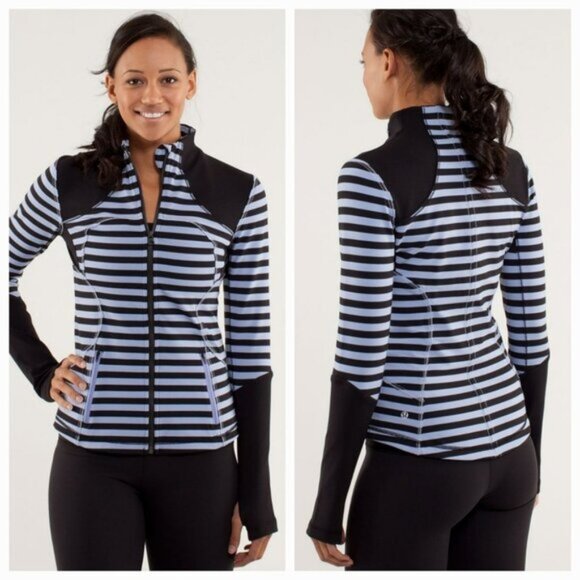 Lululemon Forme Jacket Sea Stripe Polar Haze Black Stretch Thumbholes Size 4 - Picture 1 of 16